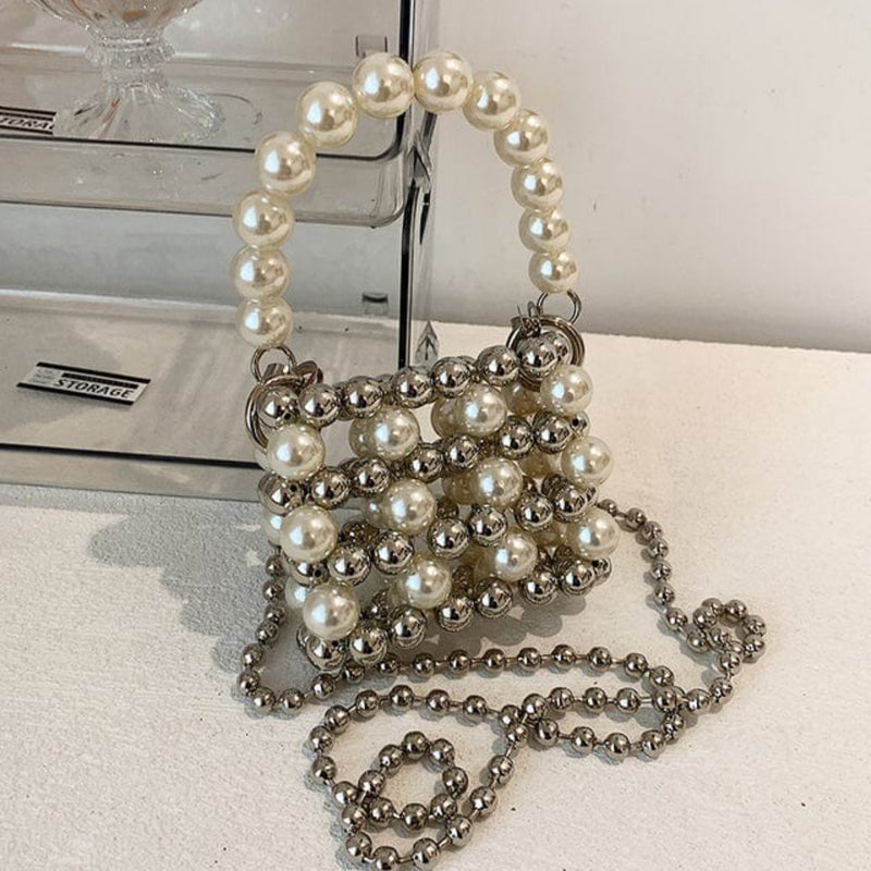 Oh Saucy bag Silver Big Pearl Unique Handmade Pearl Bead Chain Bag