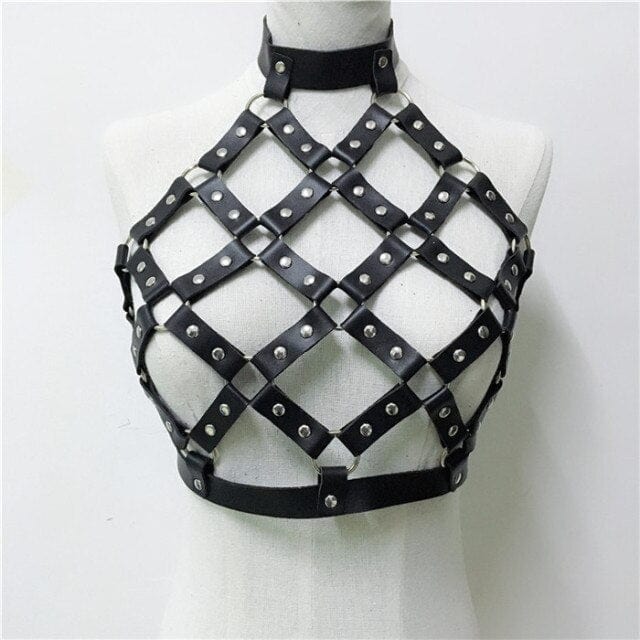 Sexy Club Wear Bondage Collar Strap Crop Top Mini Skirts Two Piece Set Gothic Faux Leather Hollow Out 2 Piece Outfit - OhSaucy