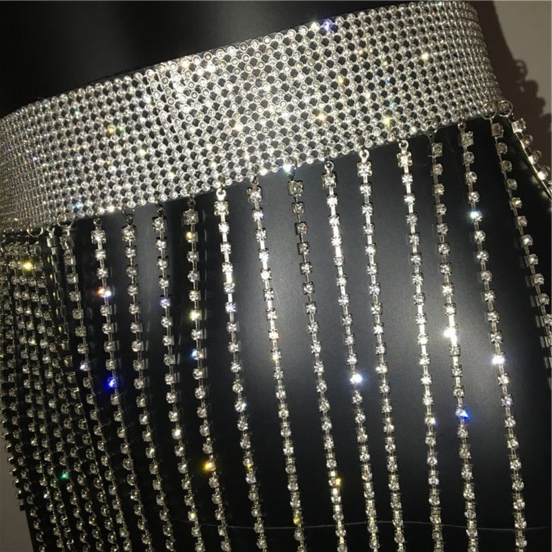 Oh Saucy Apparel & Accessories Silver / One Size Brilliant Lux Rhinestone Skirt, Belt, Body Chain | Shiny Crystal Tassels | Nightclub / Boudoir Chic
