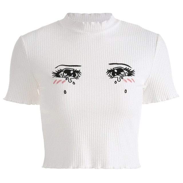 Anime Girls Cosplay vest Pullovers Cartoon embroidery cute crying eye Lolita Costume women open navel thin short sleeve - OhSaucy