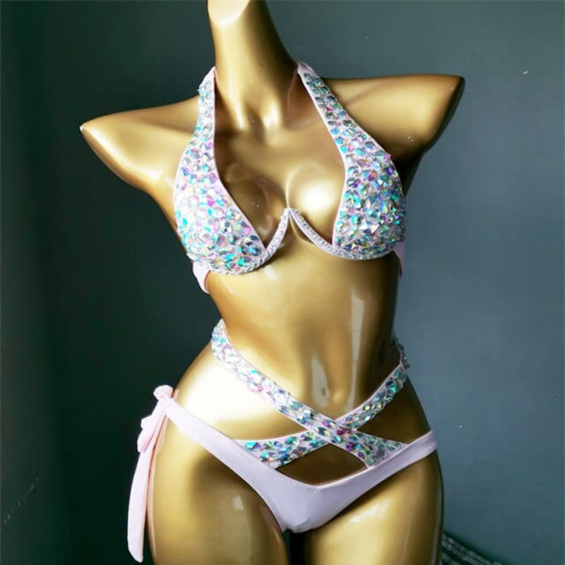 Sexy Women Rhinestone Bikini Set Two Piece Hot Crystal Diamond Chain  Swimwear