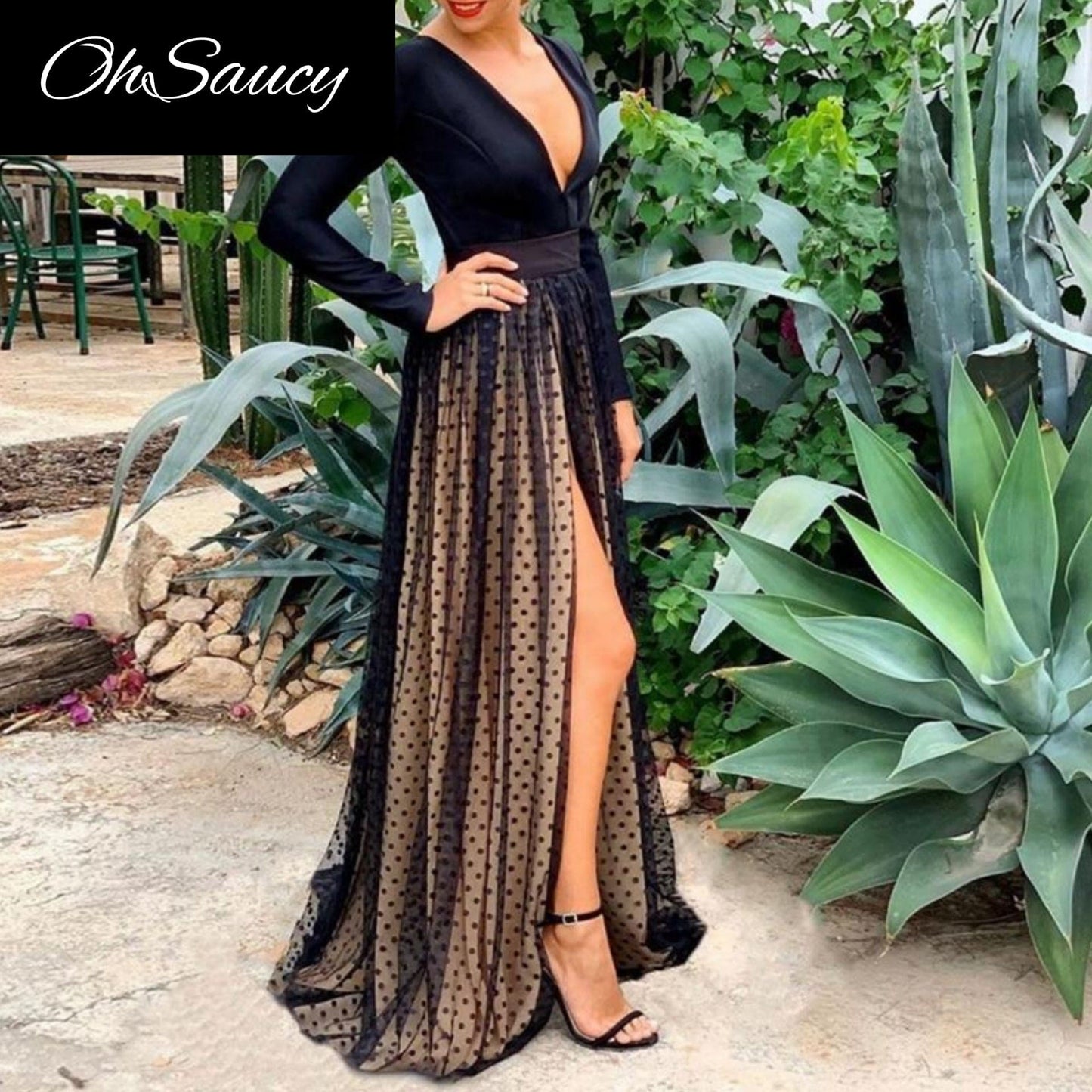 OhSaucy Deep V Dot Mesh Maxi Dress Party Dress Black Dress