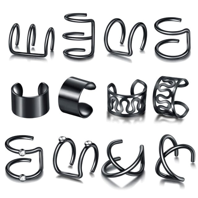 OhSaucy Apparel & Accessories 12pcs black Ear Cuff Gold Leaf | Non-Piercing Ear Clips |  Body Jewellery