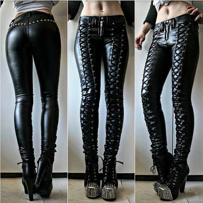 Skinny Legging Women Leather Pants Stretch Wet Look Lace Up High