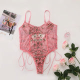 Ellolace Floral Embroidery Bodysuit Women Lace Up Bandage Bodies Sexy Sleeveless Bodycon Transparent Lingerie Mesh Bodysuits Top - OhSaucy