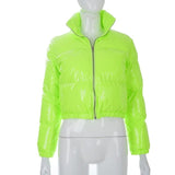 Oh Saucy Jackets Fluorescent Green / M Foil Look or Faux Fur Fluffy ~ Bubble Puffers