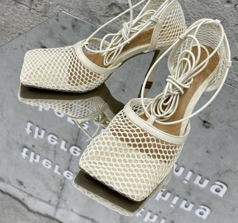 Oh Saucy Apricot / 36 Gladiator Mesh High Heel Shoes Square Toe