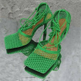 Oh Saucy Green / 35 Gladiator Mesh High Heel Shoes Square Toe