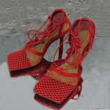 Oh Saucy Red / 37 Gladiator Mesh High Heel Shoes Square Toe