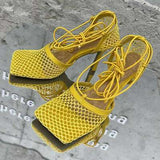 Oh Saucy Yellow / 36 Gladiator Mesh High Heel Shoes Square Toe