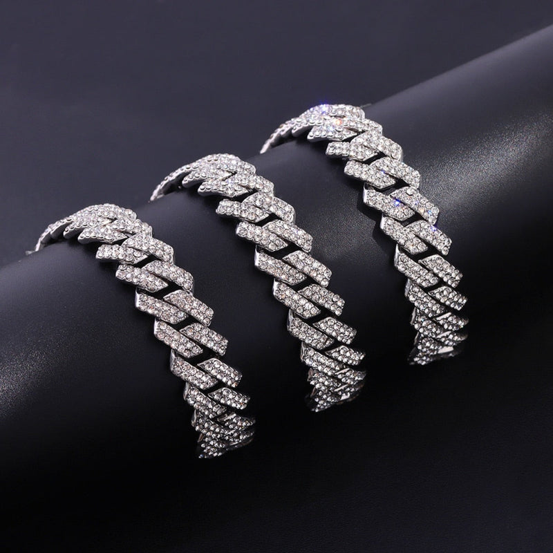 OHS jewelery HipHop Men Women 14MM Prong Cuban Link Chain Necklace Bling Iced Out 2 Row Rhinestone Paved Miami Rhombus Cuban Necklace Jewelry