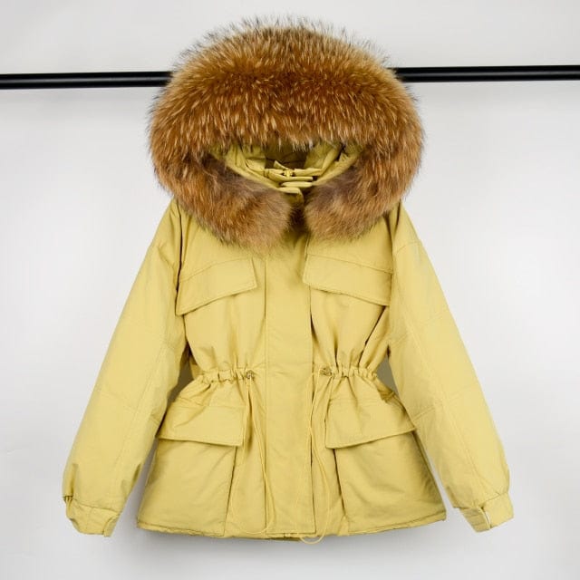 Oh Saucy real fur 4 / S Hooded Winter Feather Down Coat With Huge Raccoon Fur Collar  90% Duck Down