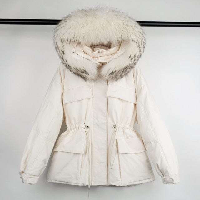 Oh Saucy real fur 7 / M Hooded Winter Feather Down Coat With Huge Raccoon Fur Collar  90% Duck Down