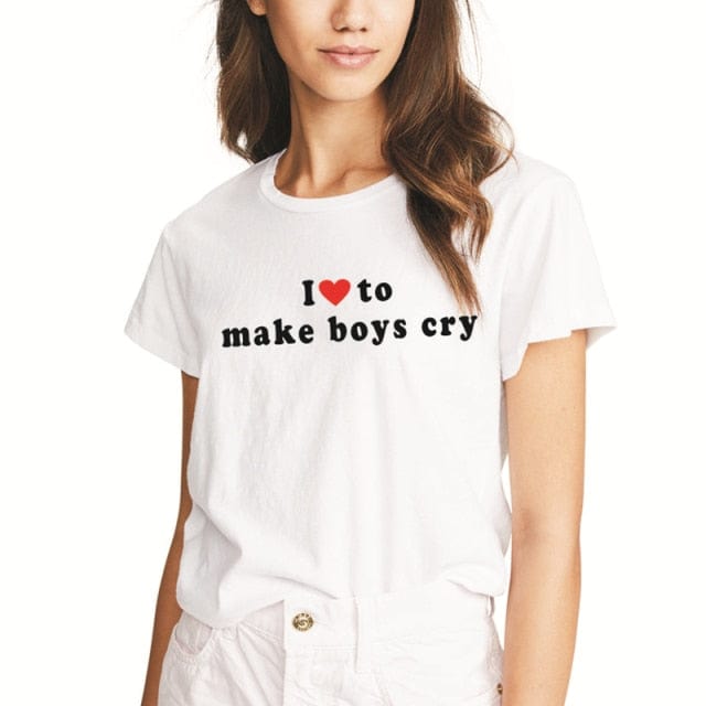 Porzingis summer t-shirt with slogans I LOVE TO MAKE BOYS CRY female T-shirt white cotton tee tops women - OhSaucy