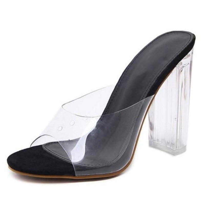 Oh Saucy black / 6 Jelly PVC Sandal ~ Transparent Crystal Heel ~ Clear High Heels Slip on