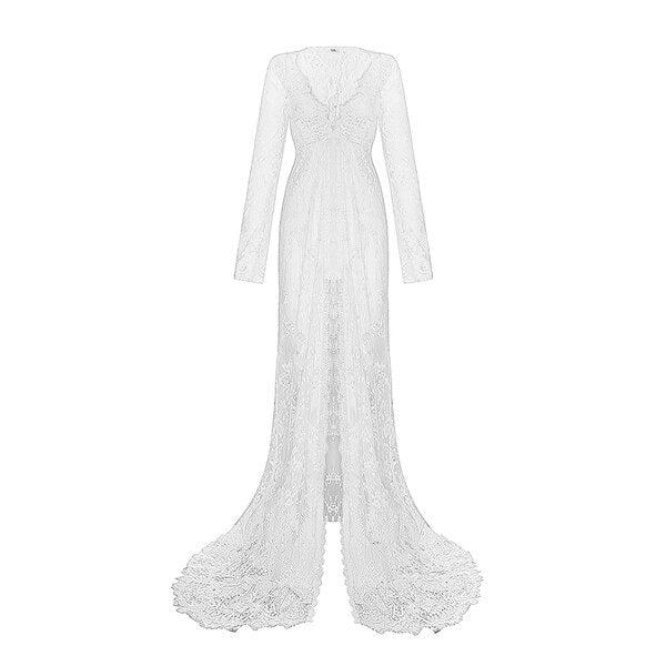 Long Lace Evening Split Front Maxi Sexy See-through Dress - OhSaucy