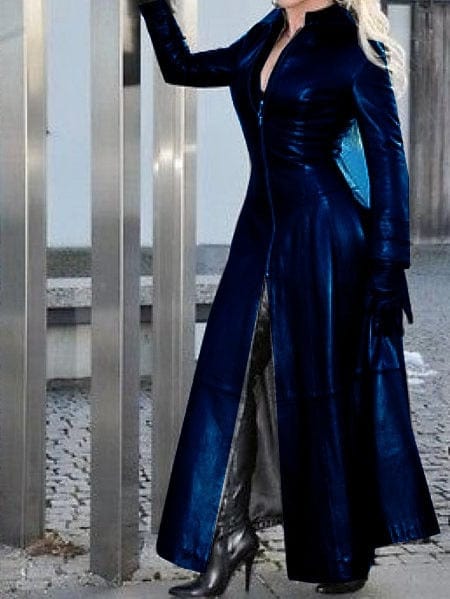 Oh Saucy Coats & Jackets navy blue / S Long | Vintage Style | Faux Leather Coat