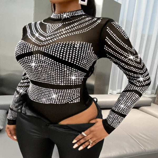 Oh Saucy Sexy Tops Lux |  Glitter Clubwear | Rhinestone Bodycon Bodysuit |  Long Sleeve See Through Jumpsuit
