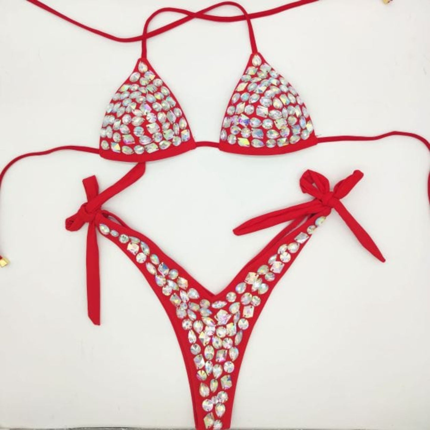 red rhinestone bikini set diamond swimwear sexy women bathing suit new style bling stones beachwear - OhSaucy