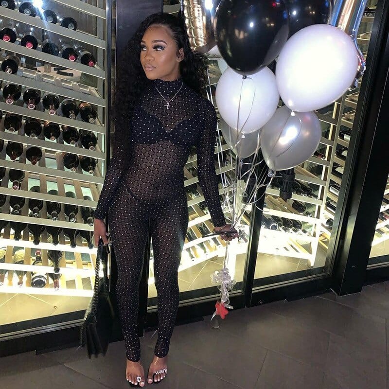 Oh Saucy jumpsuit Luxury Mesh Outfit | Bling Glitter | Long Sleeve Jumpsuit | Ultra Sheer Bodycon | Streetwear