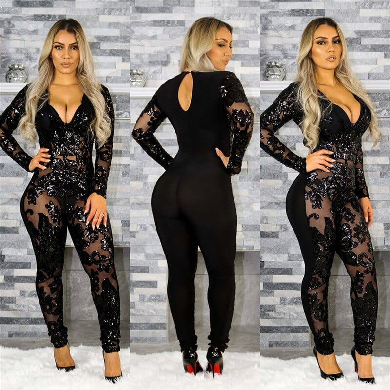 Oh Saucy jumpsuit Luxury Sequin Patterned Jumpsuit | Bling Clubbing Outfit | Shimmery Partywear | Timeless Glitter Design | See Through Black Bodycon Jumpsuit