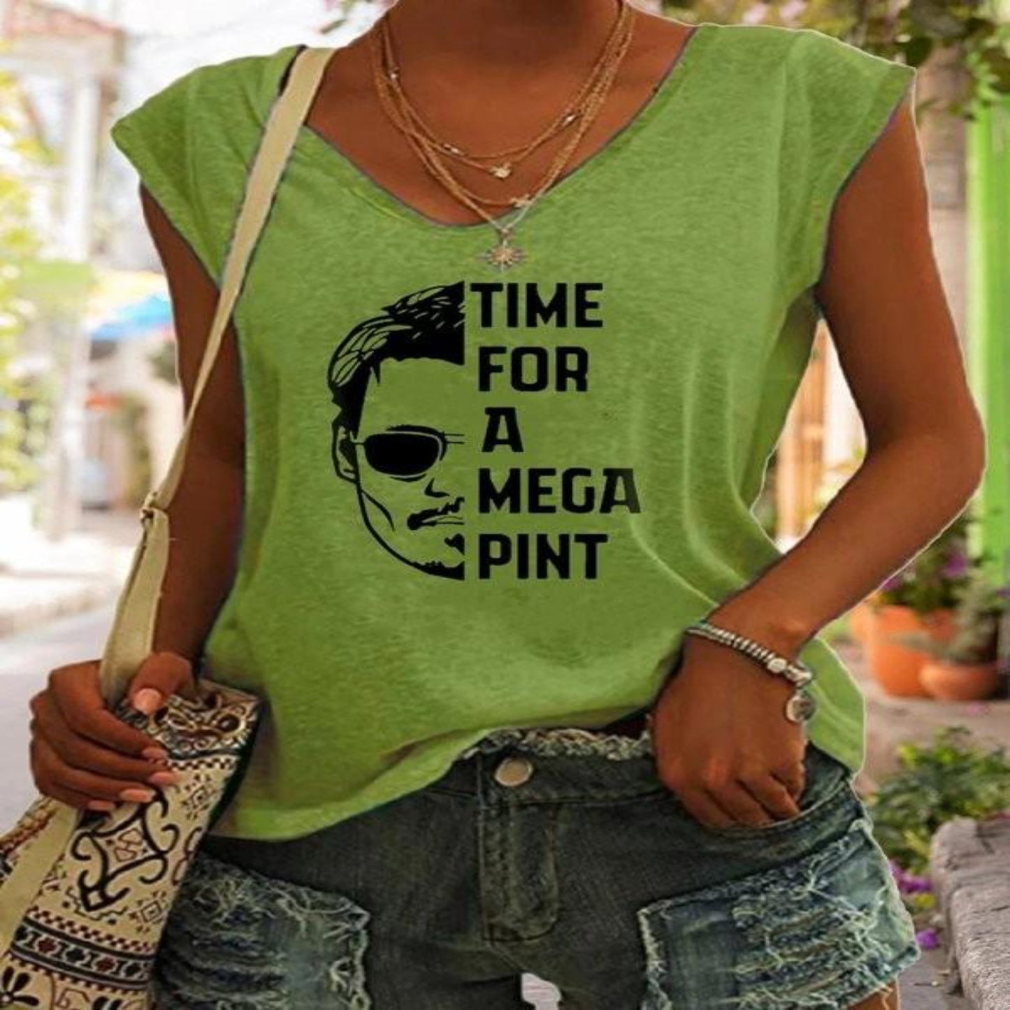 OHS Tshirt Green / S LyeKitt Womens Time For A Mega Pint Johnny Depp V-Neck Tank Top