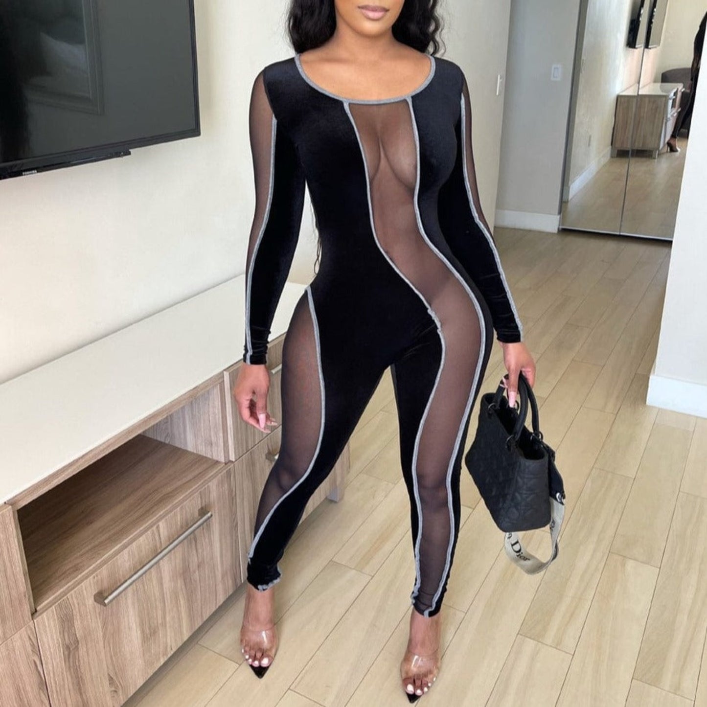 Oh Saucy XXL / black Mesh Velvet See-through Bodycon Jumpsuit | Clubwear Night Out Party Romper