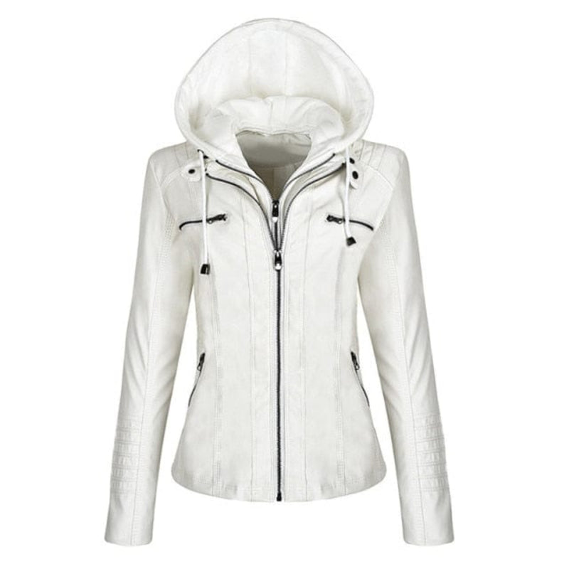 Oh Saucy Apparel & Accessories WHITE / M Motorcycle Leather Jackets | Autumn Winter | Hooded Faux Leather Biker Coats