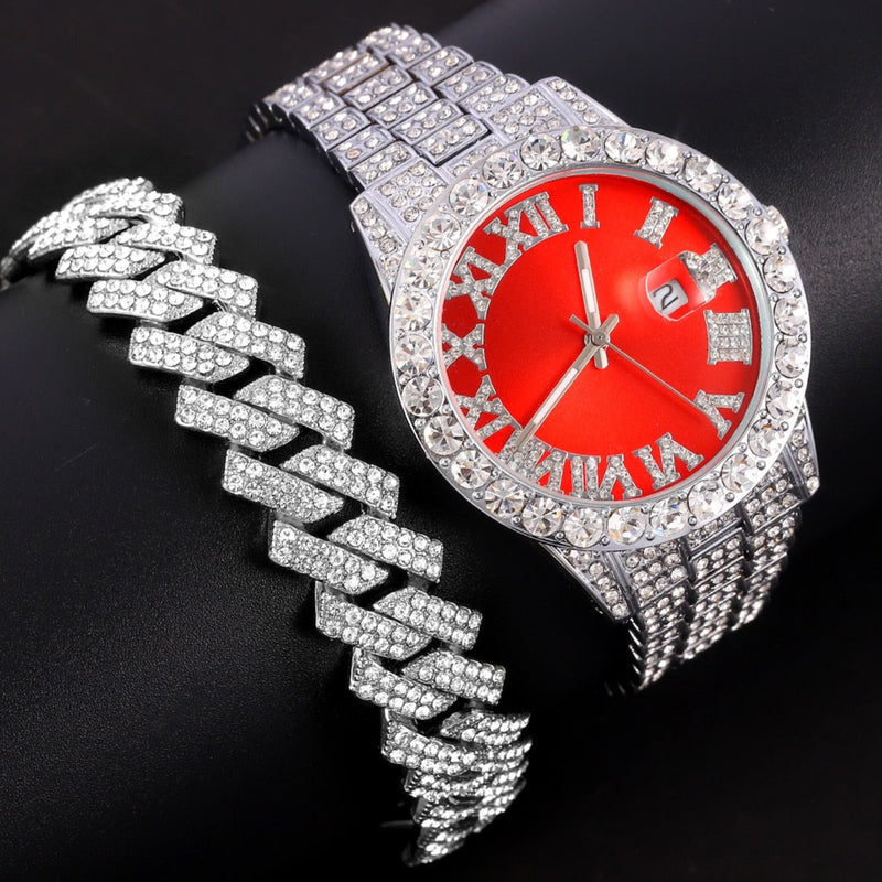 OHS jewelery Necklace + Watch + Bracelet Hip Hop Cuban Chain Set  DRIP ICY