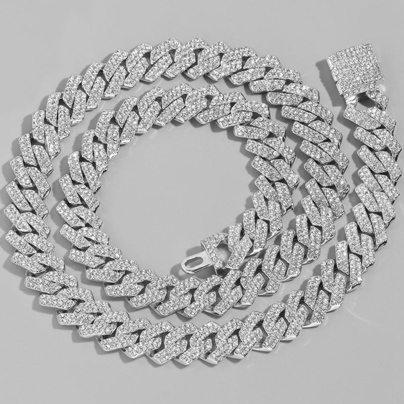 OHS jewelery Silver / 8 inch Bracelet NuFace Cuban Link Chain Necklace  and bracelets  Bling Iced Out 2 Row Rhinestone Paved