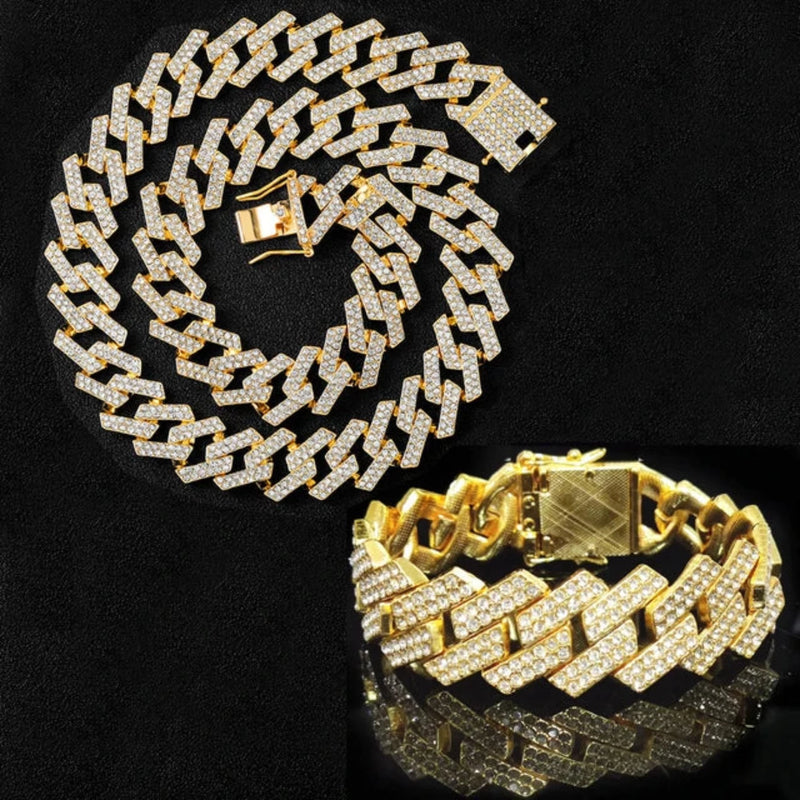 OHS jewelery NVU™ Cuban Link Chain Necklace and Bracelets HIP HOP Bling Iced Out 2 Row Rhinestone Paved
