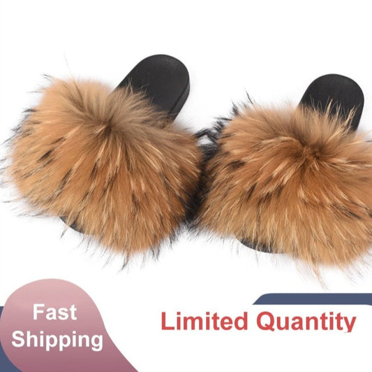 OHS shoes "NylahNY" 14cm Wider Fit - Fur Women Shoes Sandals - Real Raccoon Fur Slippers Sliders