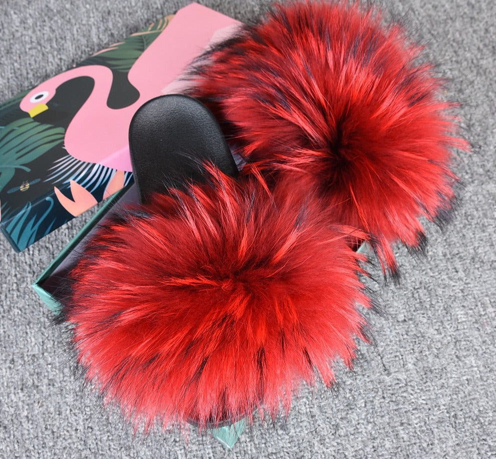 OHS shoes "NylahNY" 14cm Wider Fit - Fur Women Shoes Sandals - Real Raccoon Fur Slippers Sliders