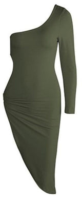 Oh Saucy Dresses Army Green / XL OH Saucy Editors Choice | One Shoulder Long Sleeve Hollow Out High Split | Metal Ring Clubwear Dress |  Irregular Bodycon Party Midi Dress