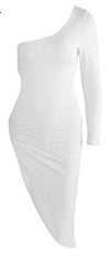 Oh Saucy Dresses white / XL OH Saucy Editors Choice | One Shoulder Long Sleeve Hollow Out High Split | Metal Ring Clubwear Dress |  Irregular Bodycon Party Midi Dress