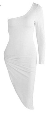 Oh Saucy Dresses white / XL OH Saucy Editors Choice | One Shoulder Long Sleeve Hollow Out High Split | Metal Ring Clubwear Dress |  Irregular Bodycon Party Midi Dress