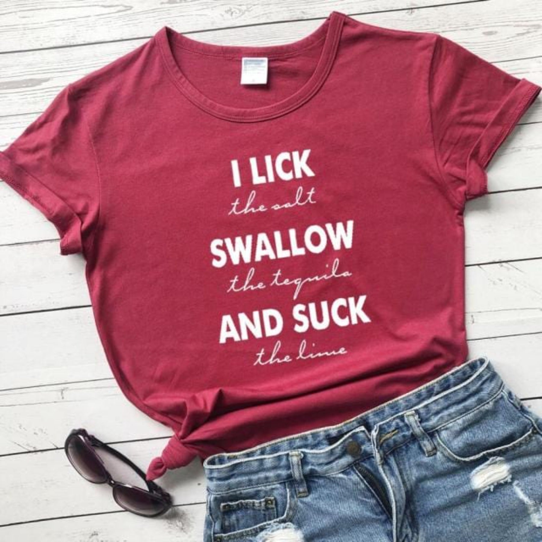 Lick the salt swallow tequila t shirt pure cotton casual funny slogan quote vintage party grunge tumblr hipster tees girl tops - OhSaucy