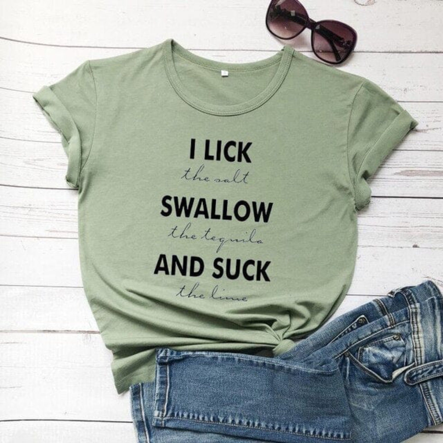 Lick the salt swallow tequila t shirt pure cotton casual funny slogan quote vintage party grunge tumblr hipster tees girl tops - OhSaucy