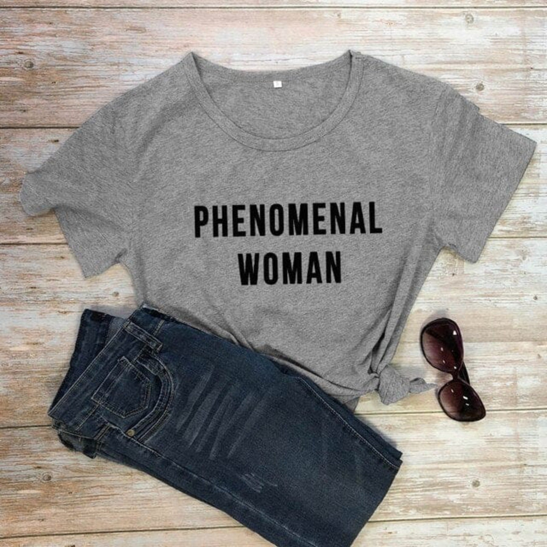 PHENOMENAL WOMAN Graphic Fashion Clothes T-Shirt Short Sleeve Girl Gray Tee Casaul Cotton Popular tops Crewneck Slogan Drop ship - OhSaucy