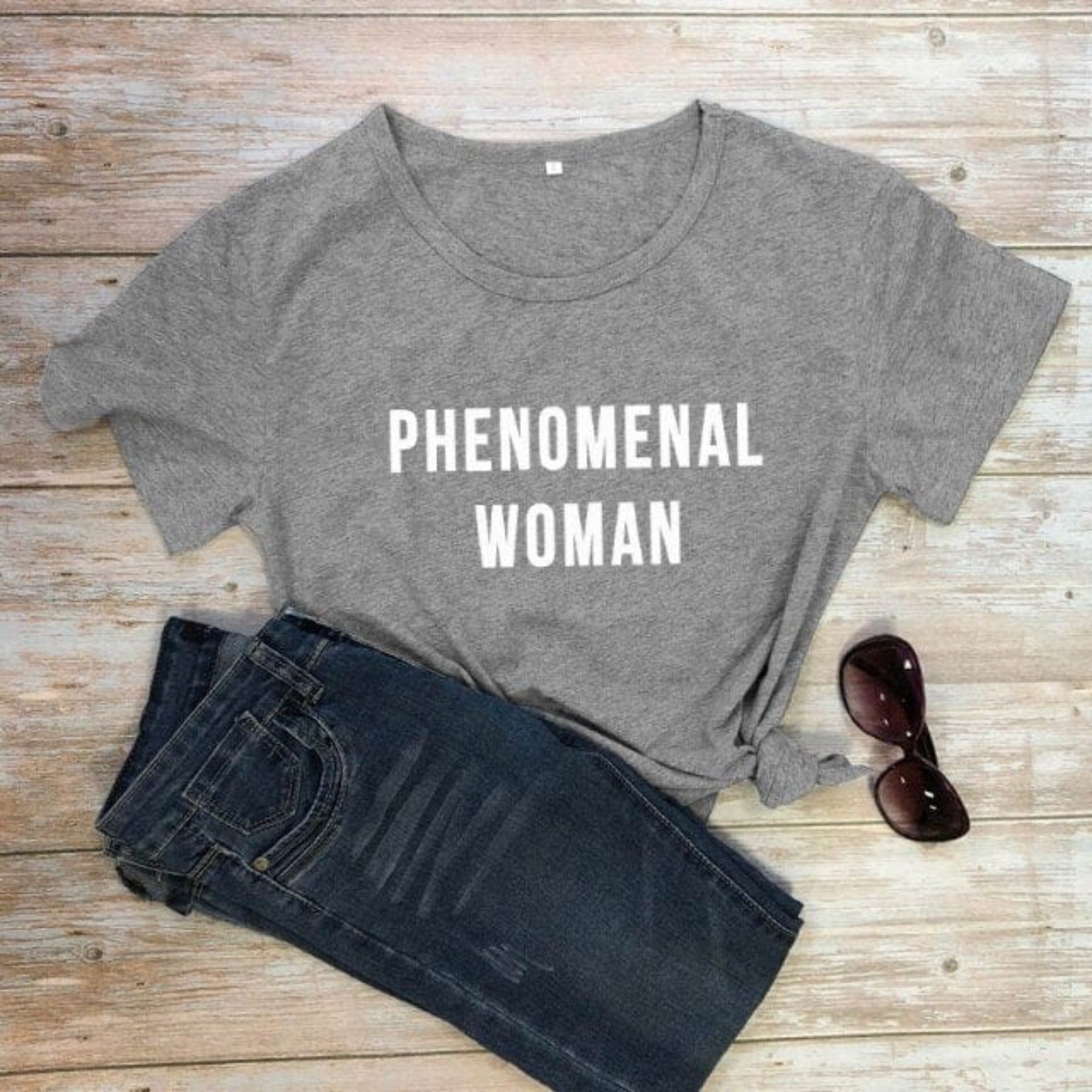 PHENOMENAL WOMAN Graphic Fashion Clothes T-Shirt Short Sleeve Girl Gray Tee Casaul Cotton Popular tops Crewneck Slogan Drop ship - OhSaucy