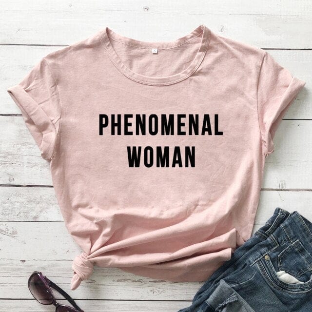 PHENOMENAL WOMAN Graphic Fashion Clothes T-Shirt Short Sleeve Girl Gray Tee Casaul Cotton Popular tops Crewneck Slogan Drop ship - OhSaucy