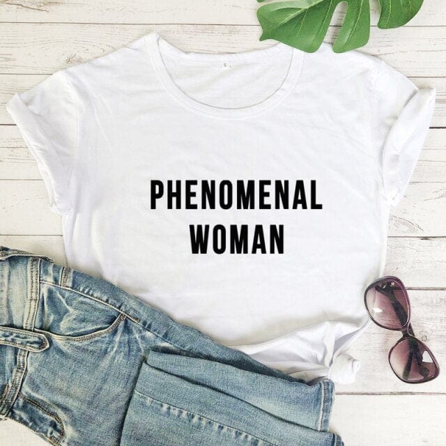 PHENOMENAL WOMAN Graphic Fashion Clothes T-Shirt Short Sleeve Girl Gray Tee Casaul Cotton Popular tops Crewneck Slogan Drop ship - OhSaucy