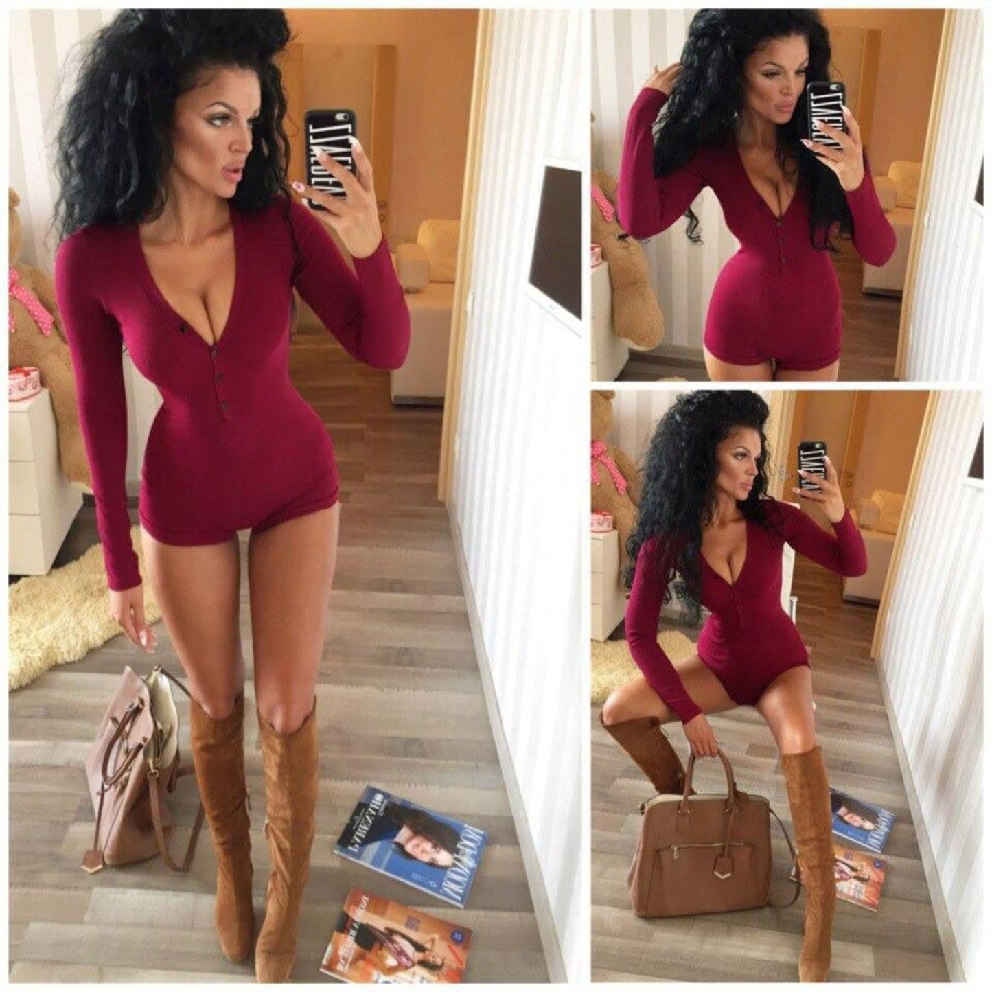 Oh Saucy 0 Burgundy / S Posh Nosh™  Playsuit  -Long Sleeve V-Neck Cotton Shorts Romper