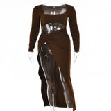 OHS dress Brown / S "Prom Queen" High Split Maxi Dress Full Sleeve Club Party Long Dress