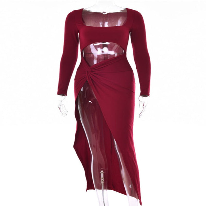 OHS dress Wine Red / S "Prom Queen" High Split Maxi Dress Full Sleeve Club Party Long Dress