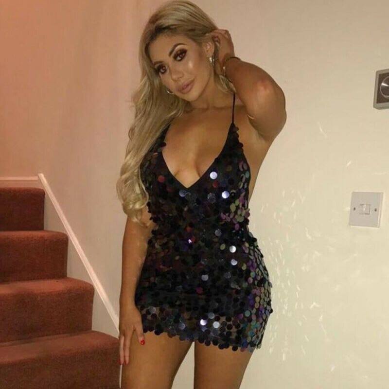 Oh Saucy Quality ~ Full Sequins Large ~ V Neck ~ Sleeveless ~ Bandage Bodycon ~ Slim fit ~ Backless Cocktail Mini Dress ~ Party Wear