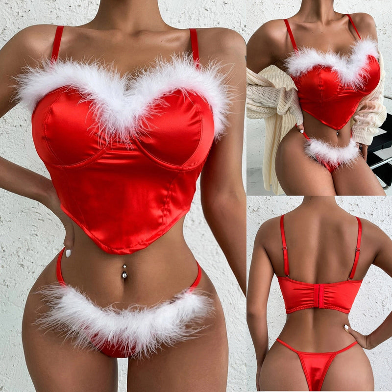OHS seasonal Red Christmas Lingerie Set 2pcs Bra Thong Set Exotic Underwear Cosplay
