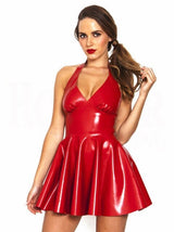 Mini Dress Sexy Backless PVC  Leather Latex Dress Red Shiny PVC Halter Sleeveless Catsuit Erotic Bondage Pleated Dress Clubwear Costume S-XXXL - OhSaucy