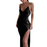 Oh Saucy Party A / S Satin Silky Spaghetti Strap Hip Split Long Dress | Elegant Sleeveless Backless Maxi