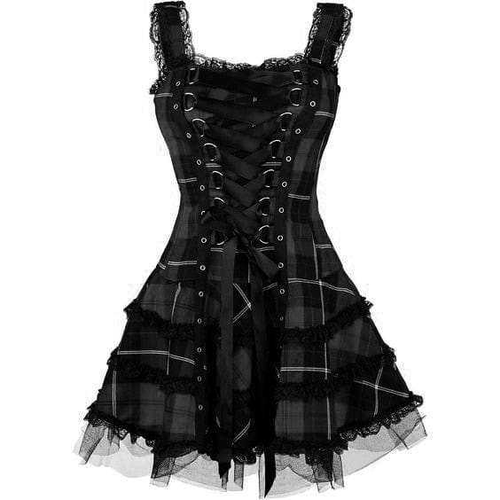 Dress Women Classic Frill Lace Dresses Sleeveless Plaid Vintage Gothic Mini Dresses Ball Gowns Cosplay Costume Plus Size Dress - OhSaucy